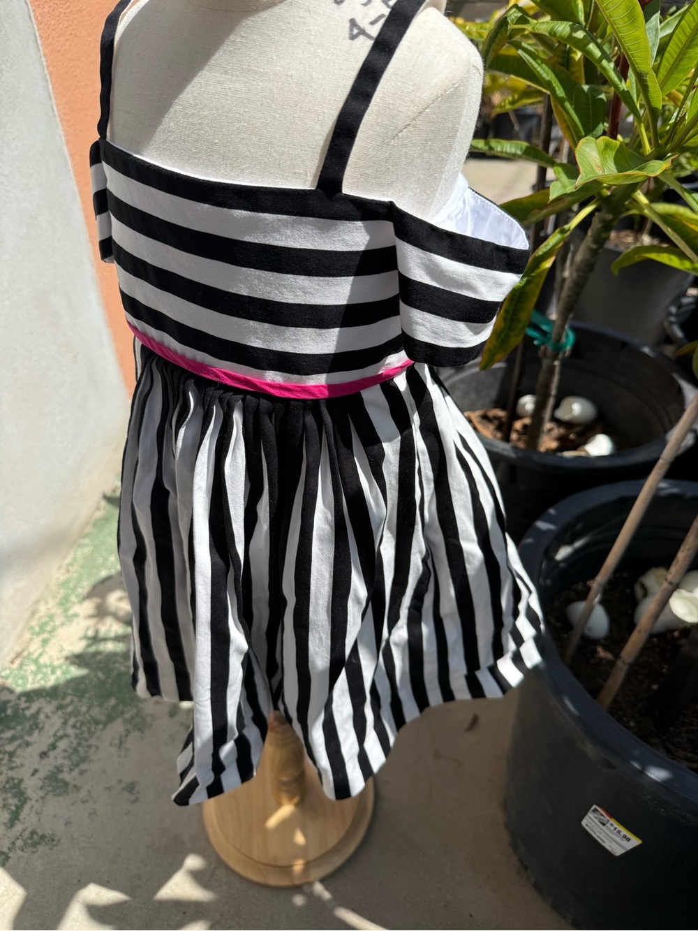 Helena Black & White Striped Off-Shoulder Dress with Pink Waistband - Picture 3 of 6